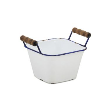 Cheungs Decorative Lacquered Finish White Storage With Side Wood Handles - Blue Rim. View a larger version of this product image.