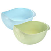 Unique Bargains Rice Strainer Bowl with Handle 2pcs, Rice Washing Bowl Rice Washing Filter Strainer Basket Colanders for Cleaning Vegetable, Fruit-Blue+Green