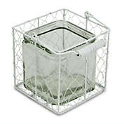 Contemporary Home Living 5.5" Clear and White Square Glass Jar in Wire Basket with Handle