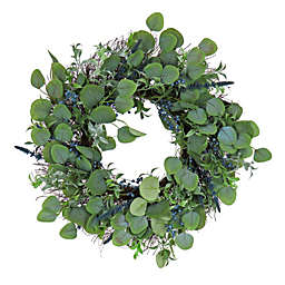 CC Christmas Decor Eucalyptus Leaves and Berries Spring Wreath, Blue 24-Inch