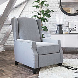 Emma + Oliver Leeds Gray Fabric Upholstered Easy Push Back Recliner - Classic Wingback Design with Nailhead Accent Trim and Footrest
