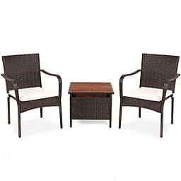 Costway 3 PCS Patio Rattan Furniture Bistro Set with Wood Side Table and Stackable Chair