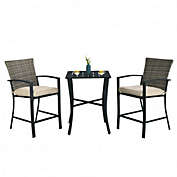 Costway 3 Pieces Patio Rattan Bar Furniture Set with Slat Table and 2 Cushioned Stools-Gray