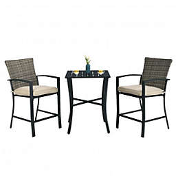 Costway 3 Pieces Patio Rattan Bar Furniture Set with Slat Table and 2 Cushioned Stools-Gray
