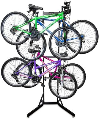 RaxGo Bike Garage Storage Rack, 4 Bicycle Garage Floor Stand, Adjustable, Freestanding, Adjustable Hooks, For Mountain & Road bicycles, Universal For Indoor Use