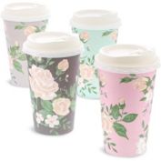Blue Panda 48 Pack Disposable 16 oz To Go Paper Coffee Cups with Lids for Floral Party Supplies, Wedding Shower (4 Pastel Colors)