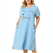 Agnes Orinda Women&#39;s Plus Size Nightgown Pajamas Pockets Soft Comfy Cute Cat Sleepwear Nightgowns, Leisure Rayon Sleep Dress Round Neck Slit Pocket Midi Nightdress with Cat Print, 1X Light Blue