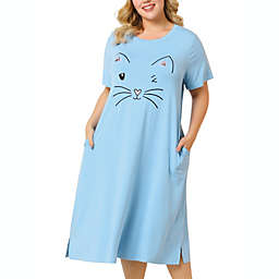 Agnes Orinda Women's Plus Size Nightgown Pajamas Pockets Soft Comfy Cute Cat Sleepwear Nightgowns, Leisure Rayon Sleep Dress Round Neck Slit Pocket Midi Nightdress with Cat Print, 1X Light Blue