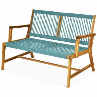 Costway 2-Person Acacia Wood Yard Bench for Balcony and Patio-Turquoise