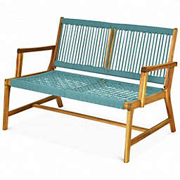 Costway 2-Person Acacia Wood Yard Bench for Balcony and Patio-Turquoise
