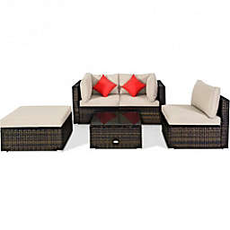 Costway 5 Pieces Outdoor Patio Rattan Furniture Set With Cushions-Beige