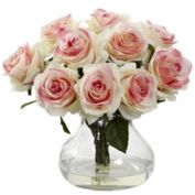 Nearly Natural 11" Artificial White and Pink Rose Arrangement with Vase