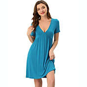 cheibear Women&#39;s Pajama V Neck Sift Sexy Nightdress Stretchy Lounge Dress, Rayon Sleepwear Sleepshirt Nightdress Regular Fit Gown Dress, Blue, XS