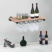 Infinity Merch Wall Mount Wine Rack Shelf & Glass Holder Brown