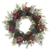Nearly Natural Pine, Cedar and Berries Artificial Christmas Wreath, 24-Inch, Unlit