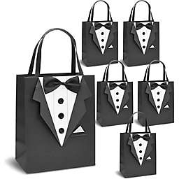 Sparkle and Bash Tuxedo Gift Bag Set for Wedding Groomsman, Bachelor Party Favors (Black, 6 Pack)