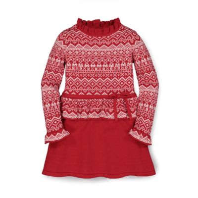 Hope & Henry Girls&#39; Fair Isle Ruffle Edge Sweater Dress (Red Ruffle Kneck, 4)