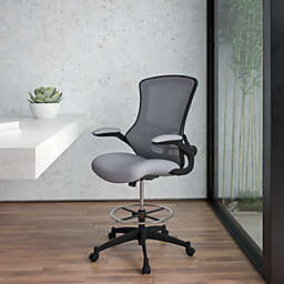 Emma + Oliver Mid-Back Dark Gray Mesh Ergonomic Drafting Chair with Foot Ring and Flip-Up Arms