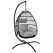 Sunnydaze Outdoor Resin Wicker Patio Delaney Hanging Basket Egg Chair with Cushions, Headrest, and Steel Stand Set - Gray - 3pc