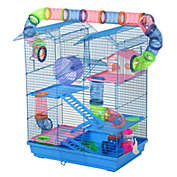 PawHut 5 Tiers Hamster Cage Small Animal Rat House with Exercise Wheels, Tube Water Bottles, and Ladder, Blue