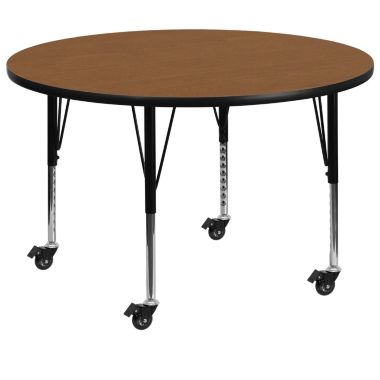 Flash Furniture Wren Mobile 42'' Round Oak Thermal Laminate Activity Table - Height Adjustable Short Legs. View a larger version of this product image.