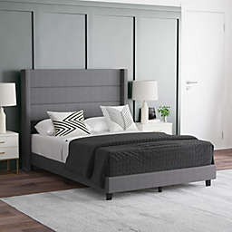 Emma and Oliver Holt Modern Gray Channel Stitched Faux Linen Upholstered Full Platform Bed with Wingback Headboard and Wooden Support Slats; No Box Spring Needed
