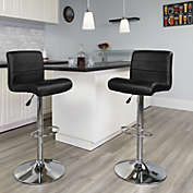 Flash Furniture Marietta 2 Pk. Contemporary Black Vinyl Adjustable Height Barstool with Rolled Seat and Chrome Base