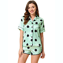 Allegra K Women's Satin 2pcs Lounge Sleepwear T-Shirt and Shorts Polka Dots Pajama Sets Green M