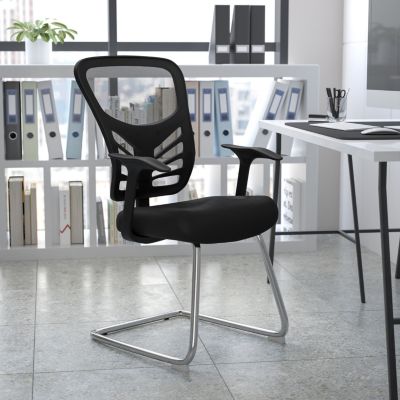 EMMA OLIVER Black Mesh Sled Base Side Reception Guest Office Chair with Flip-Up Arms EMMA OLIVER Black Mesh Sled Base Side Reception Guest Office Chair with Flip-Up Arms