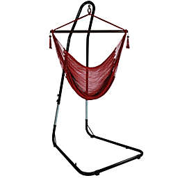 Sunnydaze Caribbean Style Extra Large Hanging Rope Hammock Chair Swing with Adjustable Stand - 300 lb Weight Capacity - Red