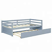 Costway-CA Twin Size Trundle Platform Bed Frame with  Wooden Slat Support-Gray