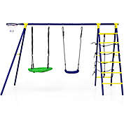 Costway-CA 5-In-1 Outdoor Kids Swing Set with A-Shaped Metal Frame and Ground Stake