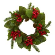 Nearly Natural Magnolia Berry Pine Artificial Christmas Wreath, 19-Inch, Unlit