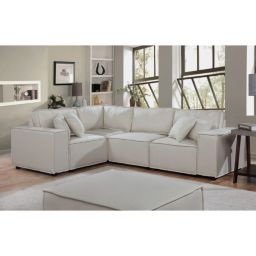 Contemporary Home Living 8.25' Cream Beige Linen Modular Sectional Sofa with Ottoman