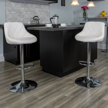 Flash Furniture Caldwell 2 Pack Contemporary White Vinyl Bucket Seat Adjustable Height Barstool with Diamond Pattern Back and Chrome Base. View a larger version of this product image.