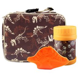 Bentology Kids Lunch Bag Set (Dinosaurs) w Reusable Hard Ice Pack & Double-Insulated Food Jar for Drinks or Soups - Perfect Lunchbox Kits