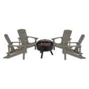 Flash Furniture 5 Piece Charlestown Gray Poly Resin Wood Adirondack Chair Set with Fire Pit - Star and Moon Fire Pit with Mesh Cover