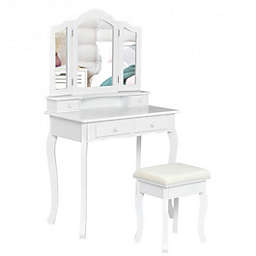 Costway 4 Drawers Wood Mirrored Vanity Dressing Table with Stool-White