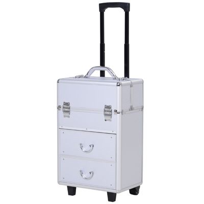 Soozier Professional Rolling Full Makeup Travel Train Case, Large Storage Cosmetic Trolley with Folding Trays, Drawer and Locks, Silver