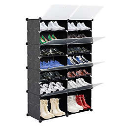 Inq Boutique 7-Tier Portable 28 Pair Shoe Rack Organizer 14 Grids Tower Shelf Storage Cabinet Stand Expandable for Heels, Boots, Slippers, Black RT