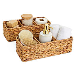 Farmlyn Creek Water Hyacinth Storage Baskets, 3 Compartments for Bathroom, Laundry Room, Nursery (14.4 x 6 x 4.3 in, 2 Pack)