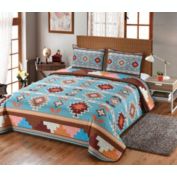 De Leon Collection 90" Blue and Orange Southwestern Boho Beauty Queen Bedding Set