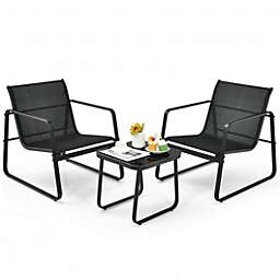 Costway 3 Pieces Patio Bistro Furniture Set with Glass Top Table Garden Deck-Black