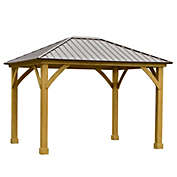 Outsunny 12&#39; x 10&#39; Hardtop Gazebo Canopy Patio Shelter Outdoor with Solid Wood Frame, Steel Slanted Roof, Brown
