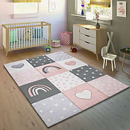 Paco Home Kids Rug Checkered with Rainbows & Hearts in Pink White