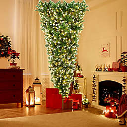 Gymax 7.5FT Pre-Lit Snowy Inverted Christmas Tree Artificial Tree w/ 400 LED Lights