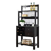 FC Design Two-Toned Baker&#39;s Rack Kitchen Utility Storage Cabinet with Wine Rack and Black Faux Marble Top in Red Cocoa Finish