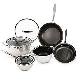 Wolfgang Puck 9-Piece Stainless Steel Cookware Set; Scratch-Resistant Non-Stick Coating; Includes Pots, Pans and Skillets; Clear Lids and Cool Touch Handles, Extra-Wide Rims for Easy Pouring