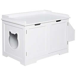 PawHut Wooden Cat Litter Box Enclosure Kitten House with Nightstand End Table and Storage Rack Magnetic Doors, White