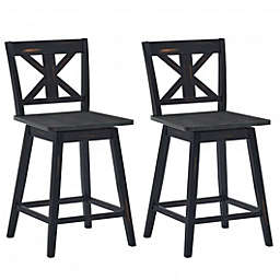 Costway Set of 2 Swivel Counter Height Bar Stools with Solid Wood Legs-Black